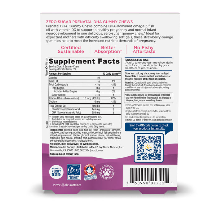 Nordic Naturals Prenatal DHA Gummy Chews highlight sustainability and superior absorption. They include vitamin D3, omega-3 fish oil, supplement facts, suggested use, certifications, and a QR code. Designed for expectant mothers with orange chews offering no fishy aftertaste.