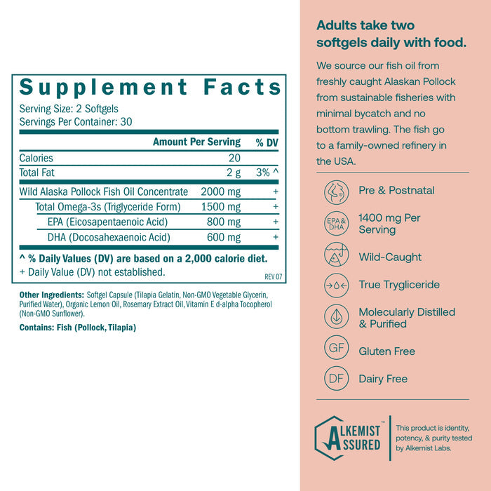 Supplement facts label for True Grace Prenatal DHA, listing omega-3 content and nutrition. Take two softgels daily with food. Icons show features like wild-caught, gluten-free, and triglyceride form for optimal absorption.