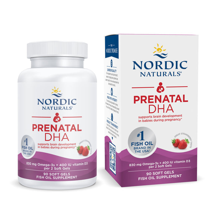 An image features Nordic Naturals Prenatal DHA, displaying a white bottle and a blue-and-white box with pink accents. The label highlights omega-3s and vitamin D3 benefits for supporting brain development in babies during pregnancy. It contains 90 soft gels.