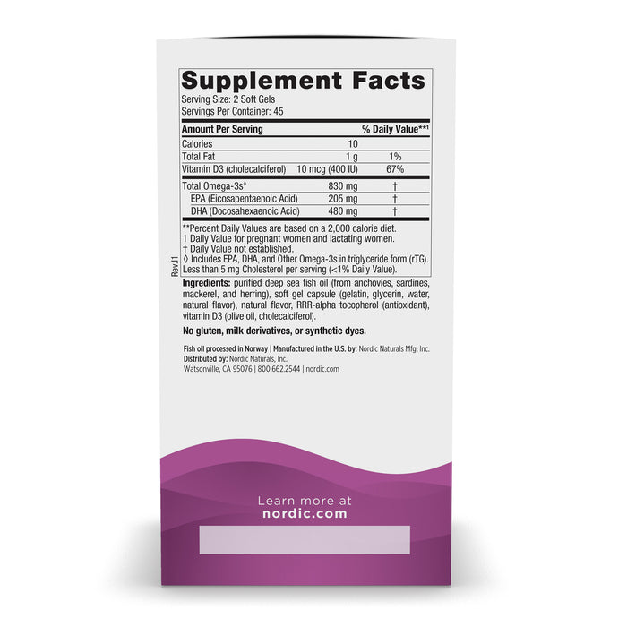 The image shows a Nordic Naturals Prenatal DHA supplement bottles back with Supplement Facts, listing serving size, calories, and omega-3s like EPA and DHA. It notes no gluten, milk derivatives, or synthetic dyes. These nutrients support a healthy pregnancy.