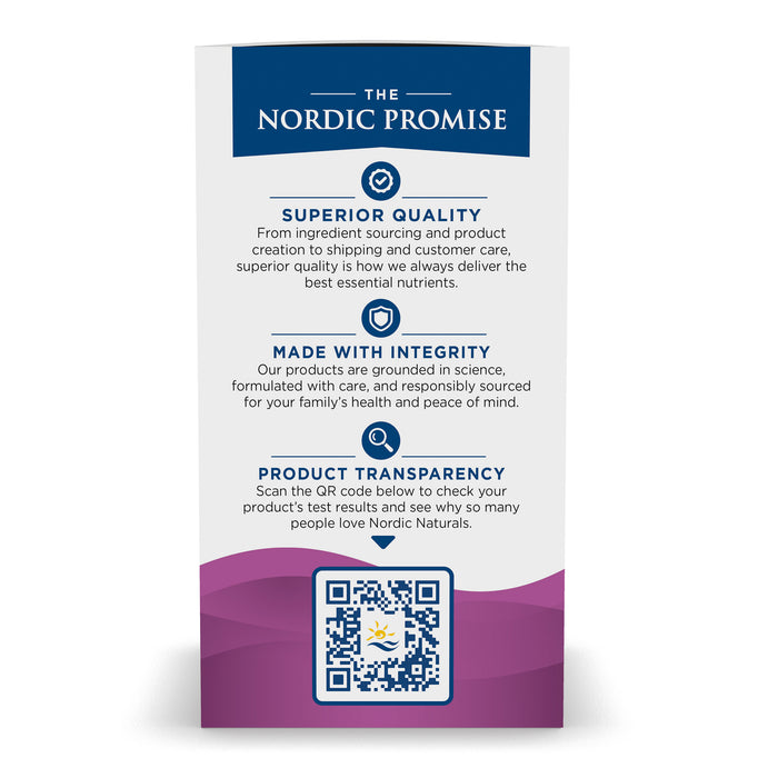 A promotional card for Nordic Naturals Prenatal DHA showcases The Nordic Promise, emphasizing Superior Quality, Made with Integrity, and Product Transparency, along with Omega-3 benefits for a healthy pregnancy. Scan the QR code at the bottom to learn more.