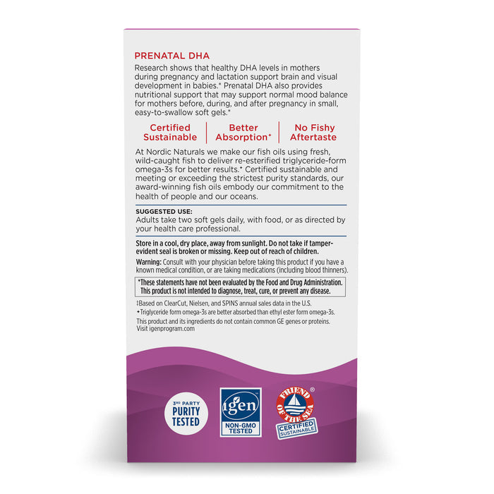 The back of Nordic Naturals Prenatal DHA box highlights benefits such as enhanced absorption, no fishy aftertaste, and non-GMO features. Its crafted to promote a healthy pregnancy with vital omega-3s and includes usage directions, storage guidelines, and certifications at the bottom.
