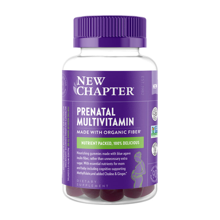 New Chapter Prenatal Multivitamin Gummy bottle includes 90 gummies with a nutrient-rich formula of organic Blue Agave fiber, methylfolate, choline, and ginger. Its purple and white label emphasizes essential prenatal nutrition ingredients.
