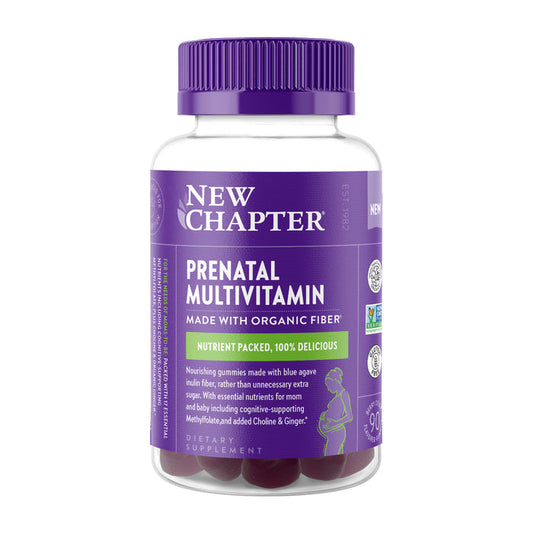 New Chapter Prenatal Multivitamin Gummy bottle includes 90 gummies with a nutrient-rich formula of organic Blue Agave fiber, methylfolate, choline, and ginger. Its purple and white label emphasizes essential prenatal nutrition ingredients.