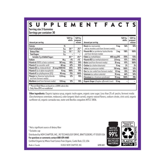 New Chapter Prenatal Multivitamin Gummy supplement facts label details nutrition info (calories, sugars, vitamins, minerals) with daily value percentages. Serving size: 3 gummies; 30 servings/container. Includes organic Blue Agave fiber.