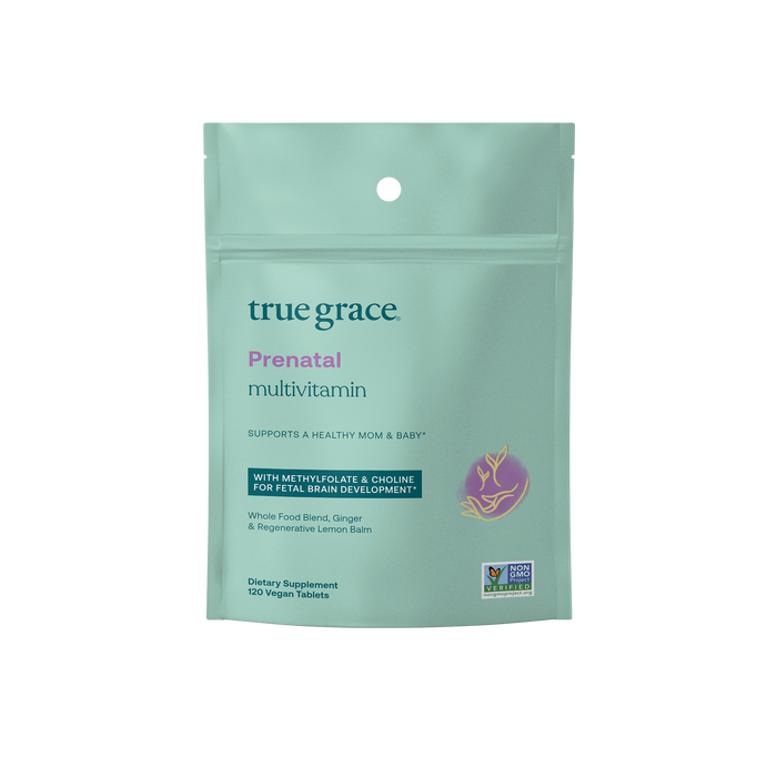 The teal-packaged True Grace Prenatal Multivitamin offers 120 vegan tablets, enriched with methyl-folate and choline for brain development, alongside whole food ingredients such as lemon balm and ginger, making it a non-GMO supplement ideal for expecting mothers.