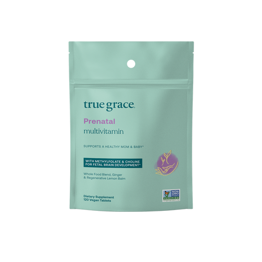 The teal-packaged True Grace Prenatal Multivitamin offers 120 vegan tablets, enriched with methyl-folate and choline for brain development, alongside whole food ingredients such as lemon balm and ginger, making it a non-GMO supplement ideal for expecting mothers.