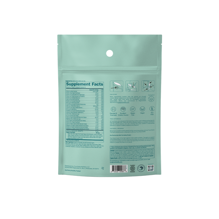 A teal True Grace Prenatal Multivitamin pouch shows nutritional info and instructions, perfect for expecting moms. The label includes serving size and vitamins like Choline. Top icons guide on opening, measuring, and using the multivitamin.