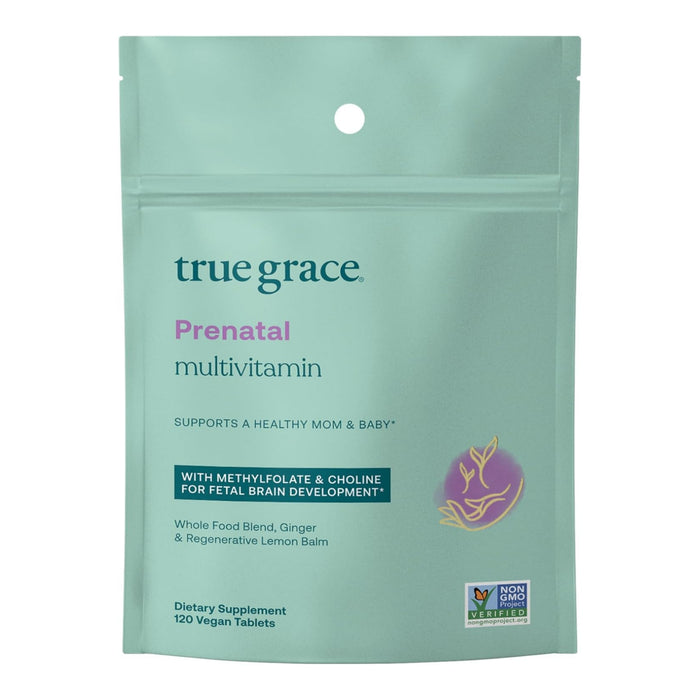 A teal True Grace Prenatal Multivitamin Tablets - Refill Pouch supports mom and baby with choline, methylfolate, vitamin D3, whole foods, ginger, and lemon balm; Non-GMO verified and includes 120 vegan tablets.