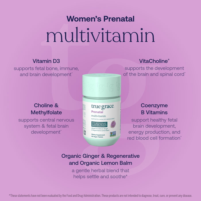 A bottle of True Grace Prenatal Multivitamin Tablets - Supports A Healthy Mom & Baby* is featured on a purple background, with text highlighting benefits and key ingredients like vitamin D3 for prenatal health around it.