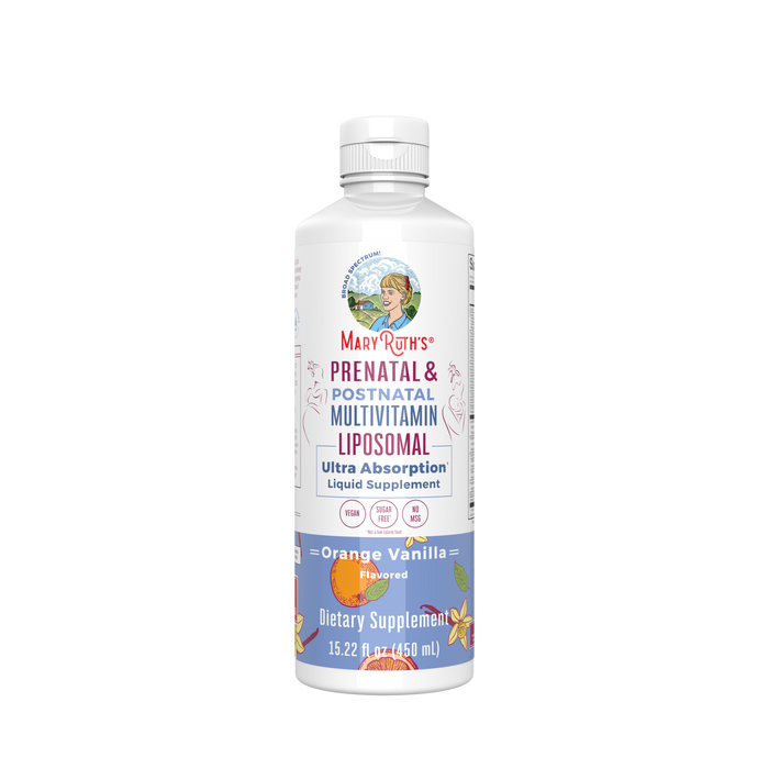 MaryRuths Prenatal Postnatal Multivitamin Liposomal Supplement is a 15.22 fl oz (450 mL) liquid with orange vanilla flavor, advanced liposomal technology, and icons indicating its vegan, non-GMO, and gluten-free.