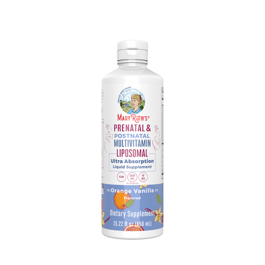 MaryRuths Prenatal Postnatal Multivitamin Liposomal Supplement is a 15.22 fl oz (450 mL) liquid with orange vanilla flavor, advanced liposomal technology, and icons indicating its vegan, non-GMO, and gluten-free.