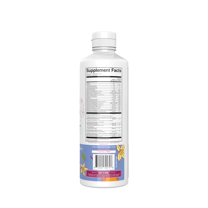 The Prenatal Postnatal Multivitamin Liposomal by MaryRuths features a white bottle with a light purple label adorned with illustrated flowers. It includes a Supplement Facts panel in black text on the back and uses liposomal technology for optimal absorption, complete with a white cap.