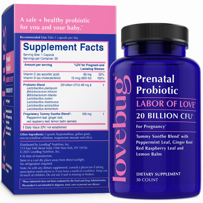 A purple bottle labeled Lovebug Prenatal Probiotic - Tummy Soothe Blend is shown next to its box, which displays supplement facts and product details for prenatal gut health support.