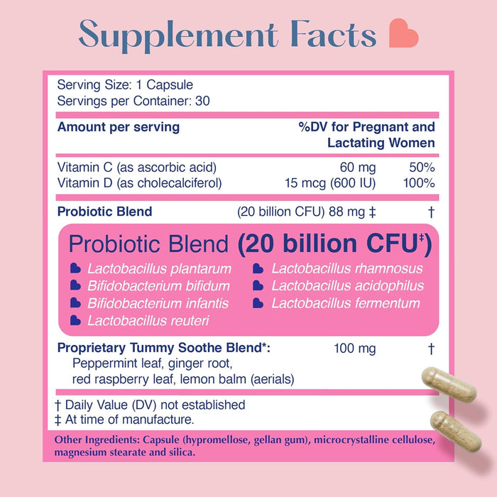 The Lovebug Prenatal Probiotic - Tummy Soothe Blend features vitamin C, vitamin D, a 20 billion CFU probiotic blend with Lactobacillus strains, and gut health support. Two capsules are pictured in the corner.