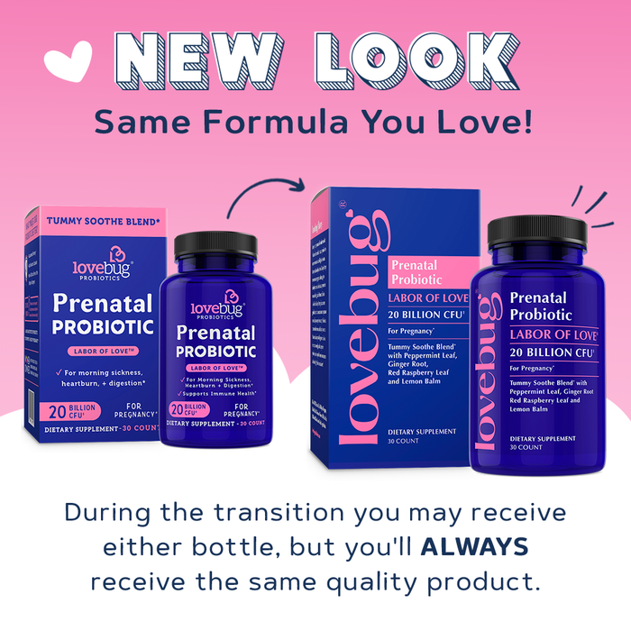 Two different designs of Lovebug Prenatal Probiotic - Tummy Soothe Blend bottles and boxes are shown, highlighting new packaging. The formula for gut health is unchanged despite the updated look.