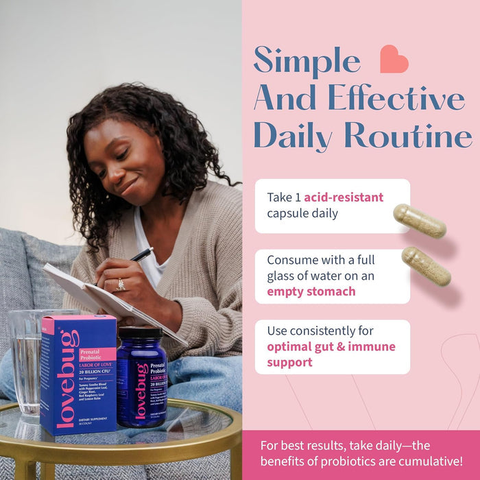 A woman sits on a couch, smiling as she writes in a notebook. In front of her are Lovebug Prenatal Probiotic - Tummy Soothe Blend capsules for gut and immune support. Text describes an easy daily routine for taking these acid-resistant probiotics.