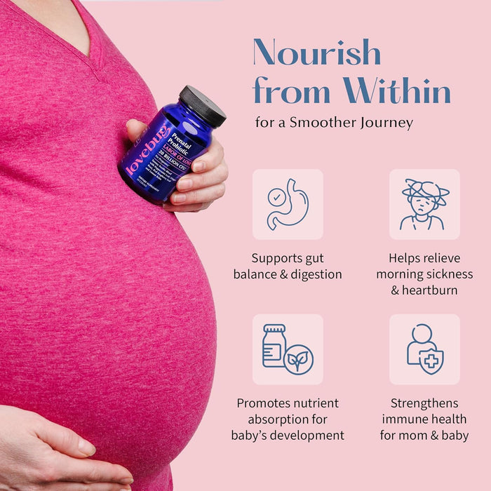 A pregnant person in a pink shirt holds Lovebugs Prenatal Probiotic - Tummy Soothe Blend. Text highlights its benefits: supports gut balance, relieves morning sickness, aids nutrient absorption, and boosts immunity for mom and baby.