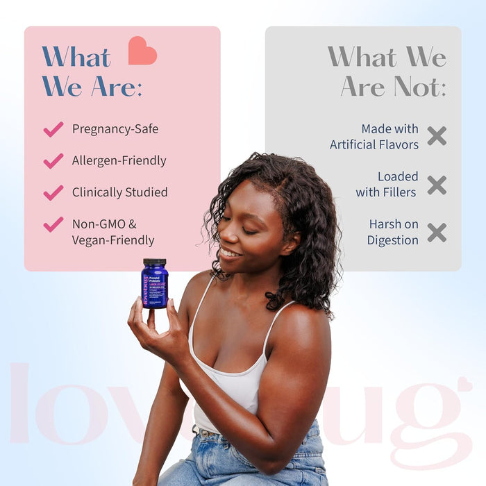 A smiling woman with curly hair holds a Lovebug Prenatal Probiotic - Tummy Soothe Blend bottle. Benefits shown: pregnancy-safe, allergen-friendly, clinically studied, non-GMO, vegan-friendly—gentle on digestion and supports gut health.
