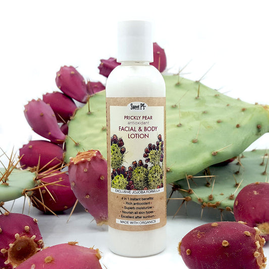 Super rich antioxidant and moisturizer, no added fragrance Jojoba rich moisturizer for face and body Prickly pear juice promotes optimal cellular health Helps protect skin from free radicals Excellent as an after sun treatment or sunburn Ingredients: Wild crafted Opuntia engelmanni (prickly pear juice), organic Simmondsia chinensis (jojoba oil), stearic acid, emulsifying wax, xanthan gum, vegetable glycerin, benzyl alcohol and dehydroacetic acid 4 oz. Bottle