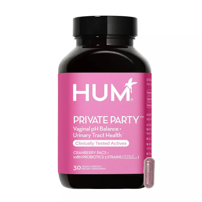 HUM Nutritions Private Party Probiotics - For Vaginal Health has a pink label and offers 30 vegan capsules promoting pH balance and urinary tract support, featuring cranberry PACs and probiotics. An image shows a single pink capsule.