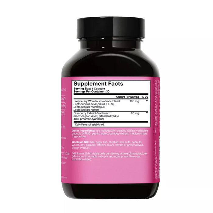 The Private Party Probiotics by HUM Nutrition features a black bottle with a pink label detailing supplement facts for a womens vaginal health blend. It lists serving size, proprietary ingredients, cranberry nutrients, and more, all securely sealed with the cap.