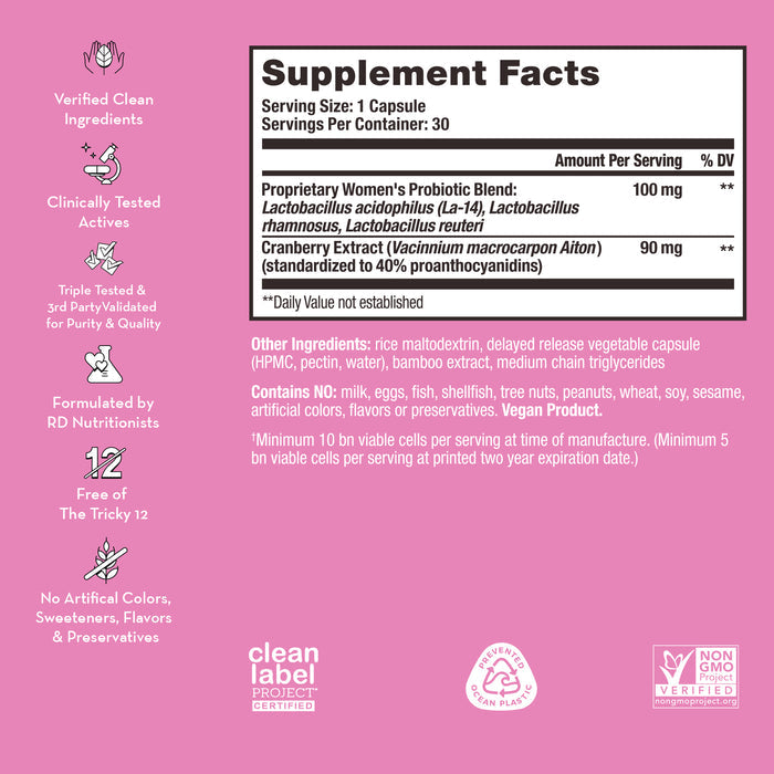 A pink label with white text displaying supplement facts for a probiotic blend. It lists ingredients, serving size (1 capsule), and other details such as being vegan, non-GMO, verified clean, free from artificial colors, and clinically tested.