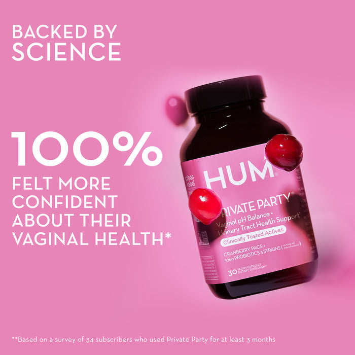 A product bottle on a pink background with the text "BACKED BY SCIENCE" and "100% FELT MORE CONFIDENT ABOUT THEIR VAGINAL HEALTH*". The bottle is labeled "HUM PRIVATE PARTY". There are cranberries around the bottle. Text below mentions survey details.