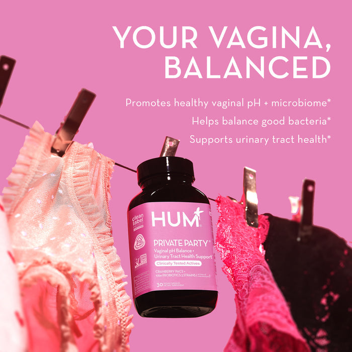 Bottle of HUM Private Party for vaginal health hangs on a clothesline with colorful underwear. Text reads "YOUR VAGINA, BALANCED", lists benefits: promotes healthy vaginal pH and microbiome, balances good bacteria, supports urinary tract health.