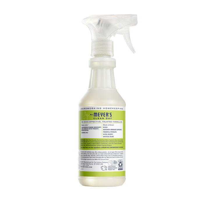 A transparent spray bottle features the Probiotic Multi-Surface Cleaning Spray by Mrs. Meyers, showcasing a green and white label detailing uses and ingredients, with a convenient trigger nozzle for dispensing.