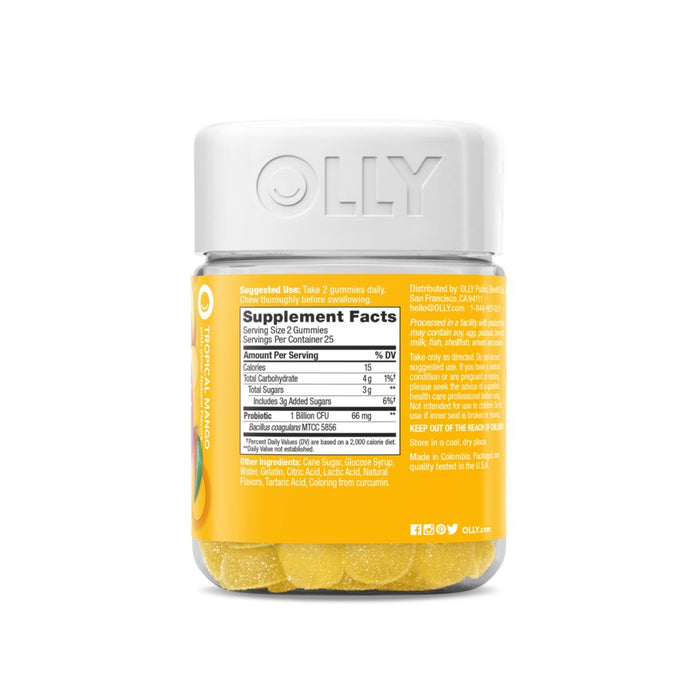 A jar of OLLY Probiotic gummies, featuring a white lid and bright yellow label, promotes gut health. Peek through the base to see the cheerful yellow gummies that support wellness.