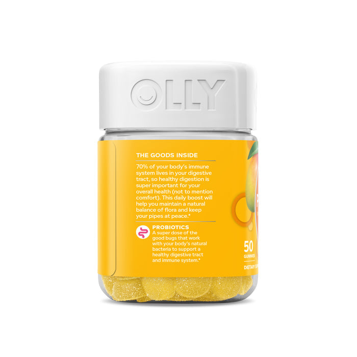 A clear plastic bottle with a white lid, embossed with OLLY, contains yellow Probiotic gummies. The orange label highlights ingredients and benefits, emphasizing immune support and gut health, reinforcing OLLYs reputation for digestive wellness.