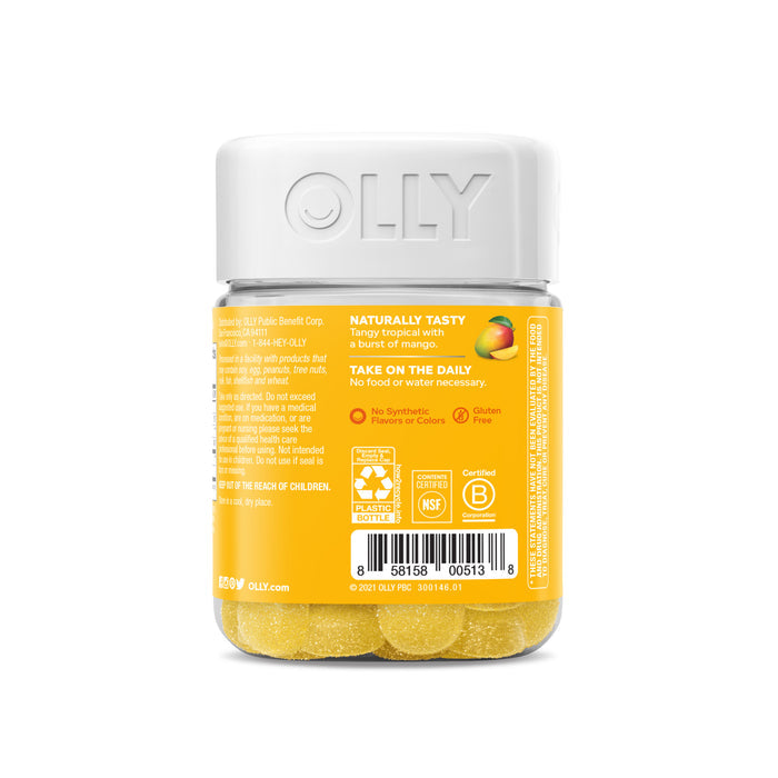 A clear bottle labeled OLLY Probiotic contains yellow gummy supplements for immune support. The label highlights natural ingredients, no synthetic flavors, gluten-free, vegan, suggests daily intake, depicts a mango, and shows the recycling logo.