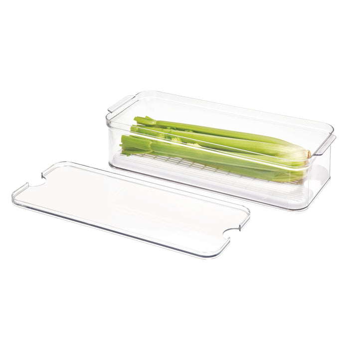The iDesign Produce Fridge Bin, made with recycled BPA-free plastic, features a transparent rectangular design perfect for holding fresh celery stalks. Its lid, with integrated handles for easy transport, is placed beside it.