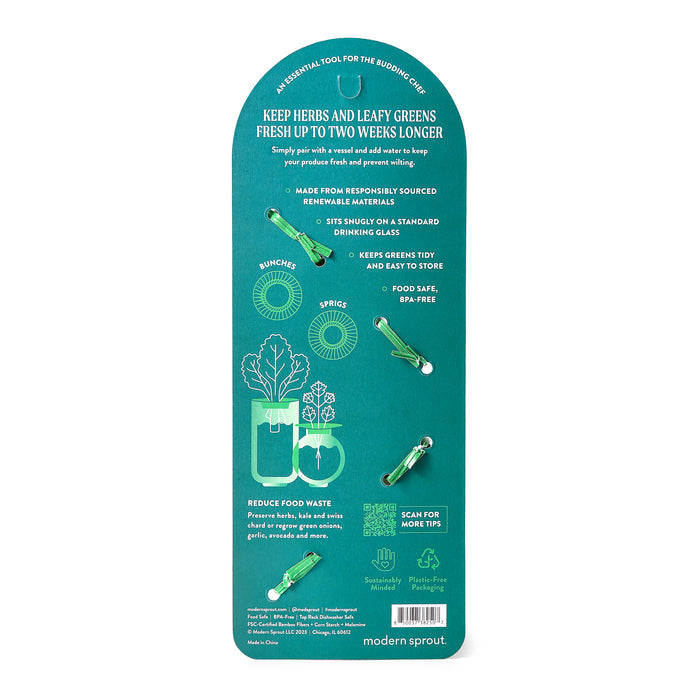 A green card featuring Modern Sprouts Produce Keeper, made from renewable materials, keeps herbs and greens fresh for up to two weeks. It includes illustrations and instructions with hooks to attach stems, highlighting sustainability and reducing food waste.