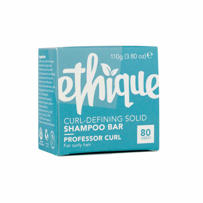 A 110g turquoise box of Ethiques Professor Curl Shampoo Bar promises 80 uses and exceptional curl care for curly hair. The side panel lists ingredients.