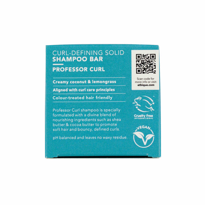 Ethiques Professor Curl Shampoo Bar comes in a blue box, highlighting its curl care prowess with creamy coconut and lemongrass for color-treated hair. It features cruelty-free and vegan logos, plus a QR code for more info on achieving defined curls.
