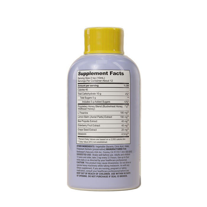 Beekeepers Naturals Propolis Cough Syrup Nighttime features a Supplement Facts label on its bottle with a yellow cap, highlighting soothing ingredients like honey, throat extract, and zinc. Instructions and warnings are printed at the bottom, focusing on storage and safety details.