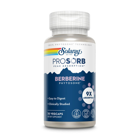 A bottle of Solarays ProSorb Berberine Phytosome dietary supplement features advanced phytosomal technology for enhanced bioavailability, boasting Easy to Digest, Clinically Studied attributes with 9x Absorption. Comes with 30 vegetable capsules.