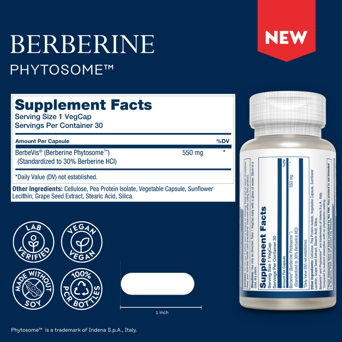 A bottle of Solarays ProSorb Berberine Phytosome is set against a dark blue backdrop. The label highlights 550 mg of Berberine per capsule, enhanced with phytosomal tech for better bioavailability, and features symbols for lab verification, vegan-friendly, and eco-friendly packaging.