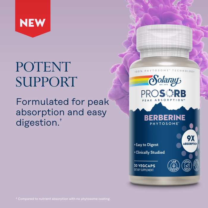Image of a dietary supplement bottle labeled "Solaray ProSorb Berberine Phytosome." The packaging highlights "potent support" and "9x absorption." The bottle is set against a pink and purple abstract background with a "NEW" label in the corner.