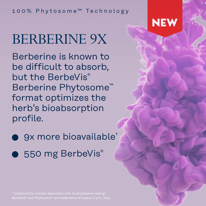 A promotional image for Berberine 9X featuring text on bioavailability benefits and dosage, with a purple plant-like graphic and a red "NEW" label in the corner.