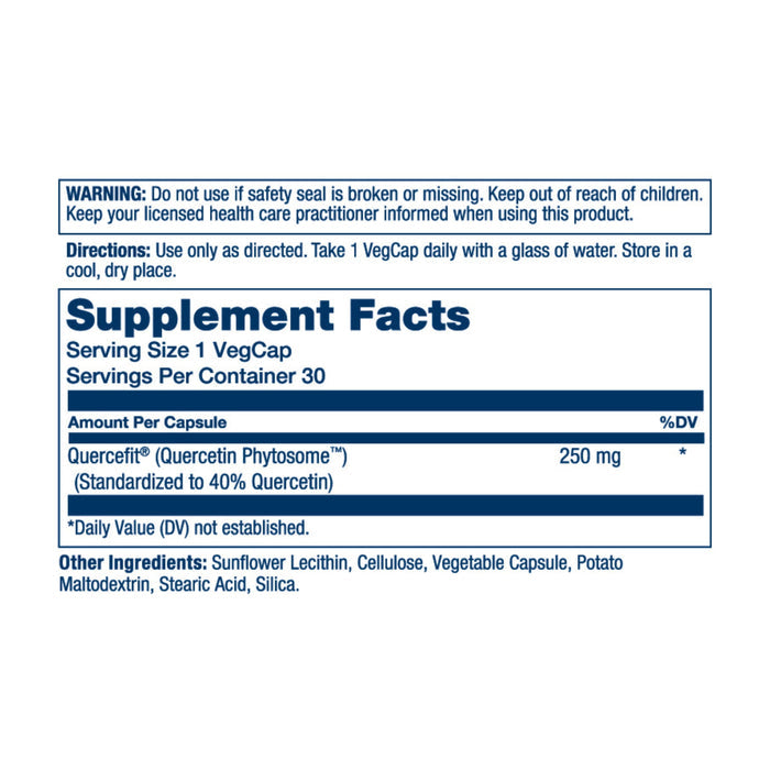 The Supplement Facts label for Solaray ProSorb Quercetin Phytosome™ Veg Capsule highlights phytosomal technology for enhanced bioavailability, with 250 mg per capsule and 30 servings per container. Includes soy lecithin and a vegetable capsule, plus safe-use warnings and directions.