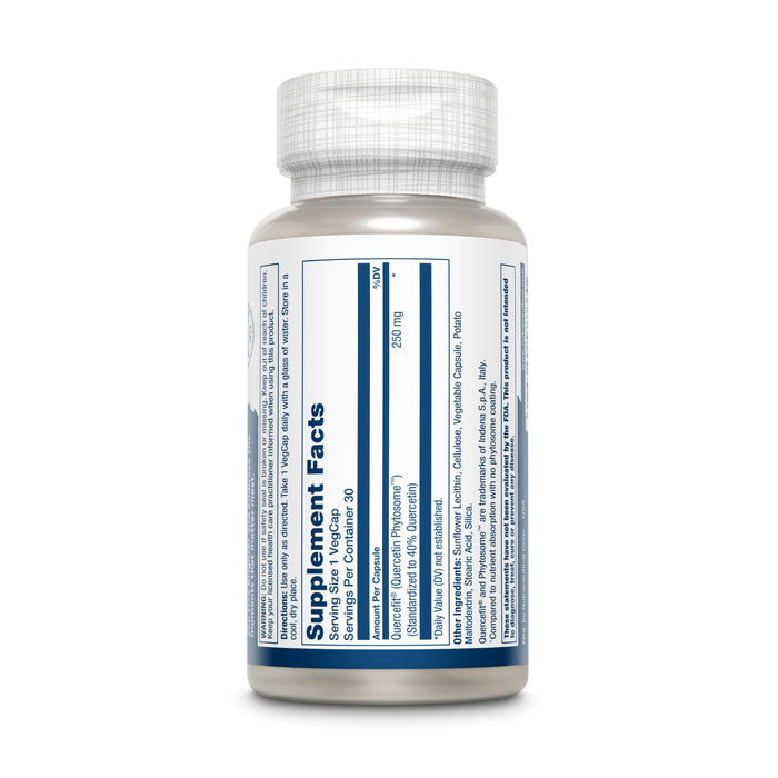 A white ProSorb Quercetin Phytosome™ Veg Capsule bottle by Solaray stands upright, capped in white. The label details supplement facts and ingredients in small text. Blue and white sections promote its advanced phytosomal technology for enhanced bioavailability.