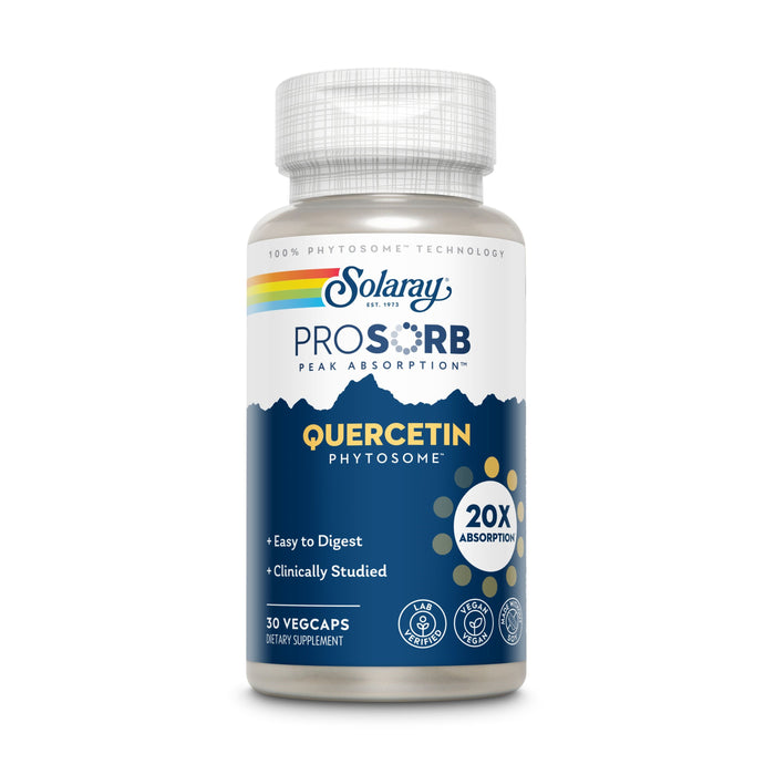 A 30-count bottle of Solarays ProSorb Quercetin Phytosome™ Veg Capsule with a blue and white label offers 20X bioavailability through advanced phytosomal technology, ensuring easy digestion and clinically studied benefits.
