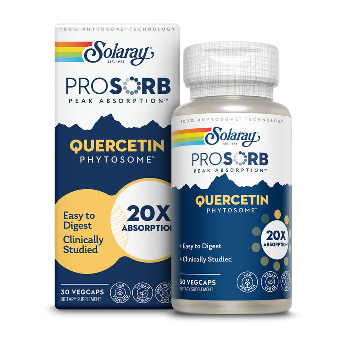 The Solaray ProSorb Quercetin Phytosome™ supplement features Easy to Digest and 20X Absorption through advanced phytosomal technology. It comes in blue, white, and yellow packaging containing 30 veg capsules for enhanced bioavailability.