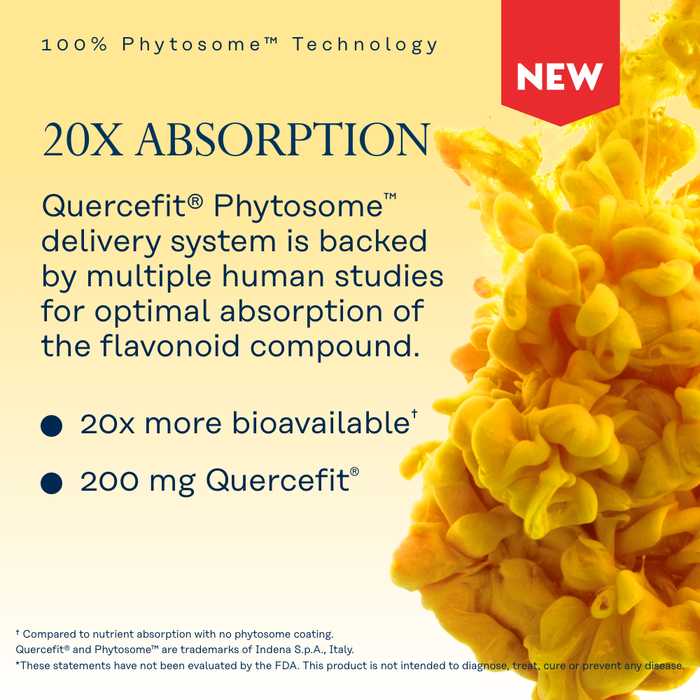Promotional image showcasing 100% Phytosome Technology with 20x absorption of Quercefit®. Describes benefits: 20x more bioavailable and 200 mg Quercefit®. Includes a disclaimer about FDA evaluation. Background features a yellow textured design.
