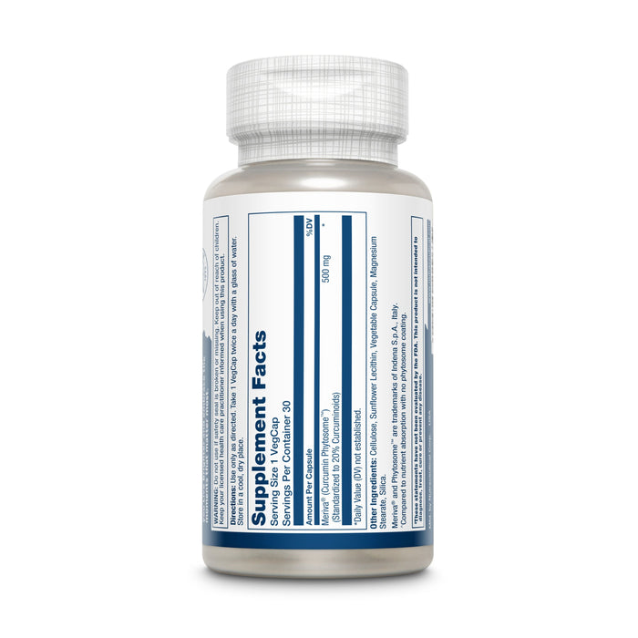 A white bottle labeled with supplement facts showcases blue text and lines. The metallic-capped label of Solarays ProSorb Turmeric Phytosome highlights Meriva Phytosome benefits for joint support, detailing serving size, ingredients, and nutritional info on a plain white background.