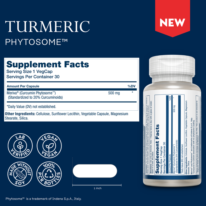 A bottle of ProSorb Turmeric Phytosome by Solaray, labeled New, showcases Lab Verified, Vegan Verified, and Made with Solar Power certifications. Each capsule offers 500 mg of Meriva Phytosome for joint support with 30 servings per container.