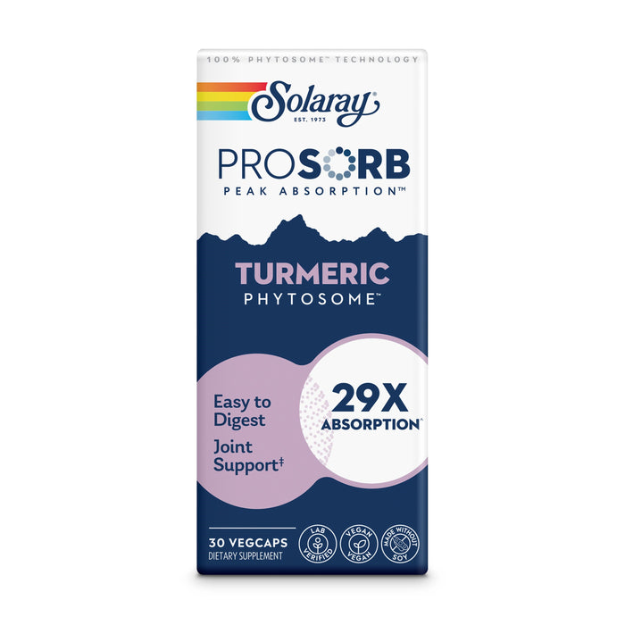Solarays ProSorb Turmeric Phytosome dietary supplement comes in a rectangular, blue-and-white box. It features Meriva Phytosome for 29X Absorption, supporting joints with 30 easy-to-digest vegcaps—an effective addition to your wellness routine.